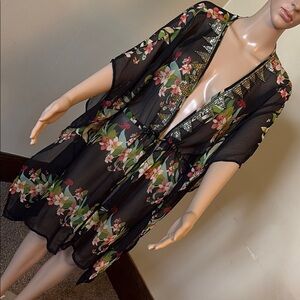 Bohemian Black and Green Floral Robe with V-Neck